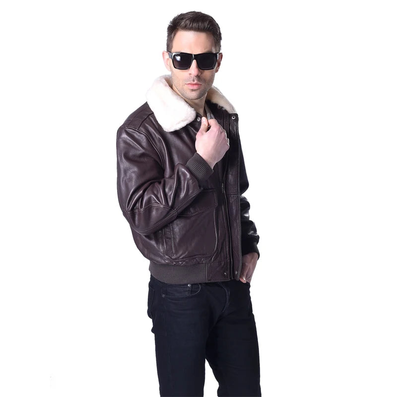 Men Genuine Leather Jacket Flight Jackets Real Sheepskin Natural Fur Collar Pilot Aviator Clothing Deep Autumn Early Winter M176