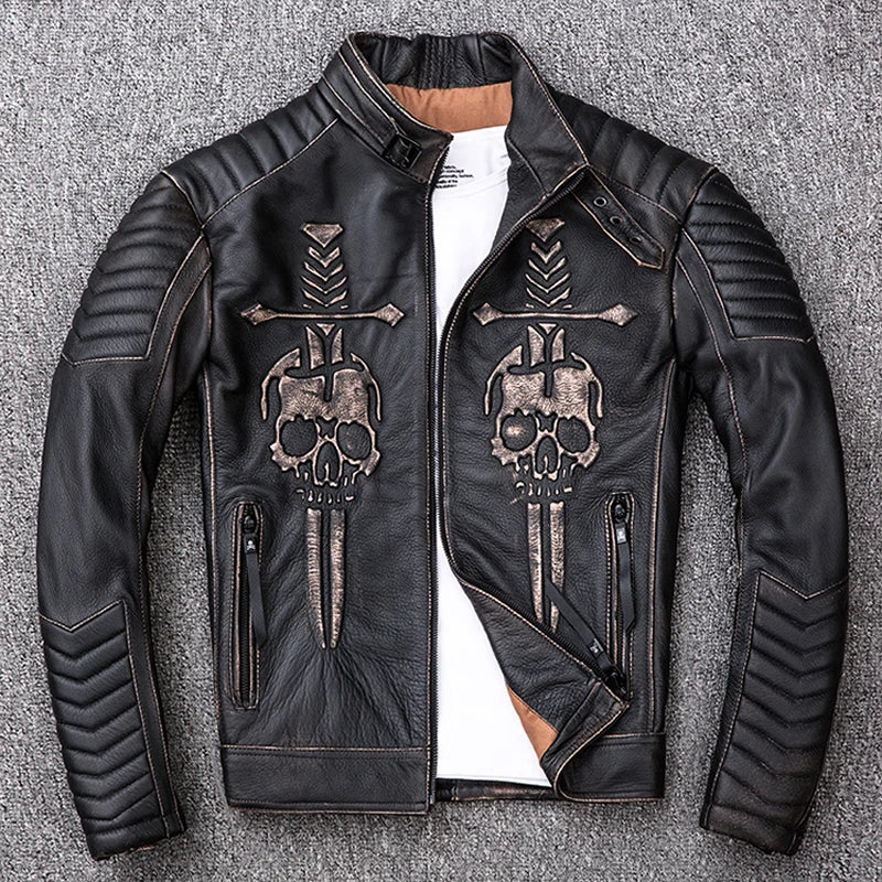 Vintage Motorcycle Jacket Skull 100% Cowhide Slim Fit Men Leather Jacket Distressed Moto Biker Coat Winter M203