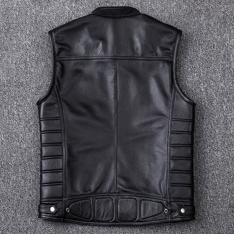 Vintage Edging Black Motorcycle Leather Vest Men 100% Calf Skin Vests Moto Man Biker Waistcoat Sleeveless Jacket M208