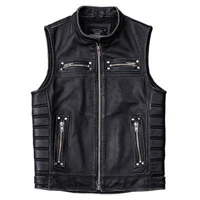 Vintage Edging Black Motorcycle Leather Vest Men 100% Calf Skin Vests Moto Man Biker Waistcoat Sleeveless Jacket M208