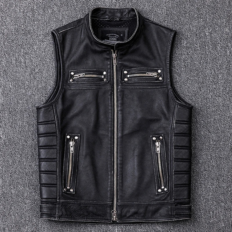 Vintage Edging Black Motorcycle Leather Vest Men 100% Calf Skin Vests Moto Man Biker Waistcoat Sleeveless Jacket M208