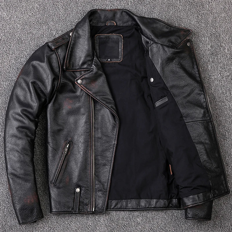 Washed Stone Milled Distressed Edging Vintage Leather Jacket For Men Jackets 100% Natural Calf Skin Coat Autumn Winter M209