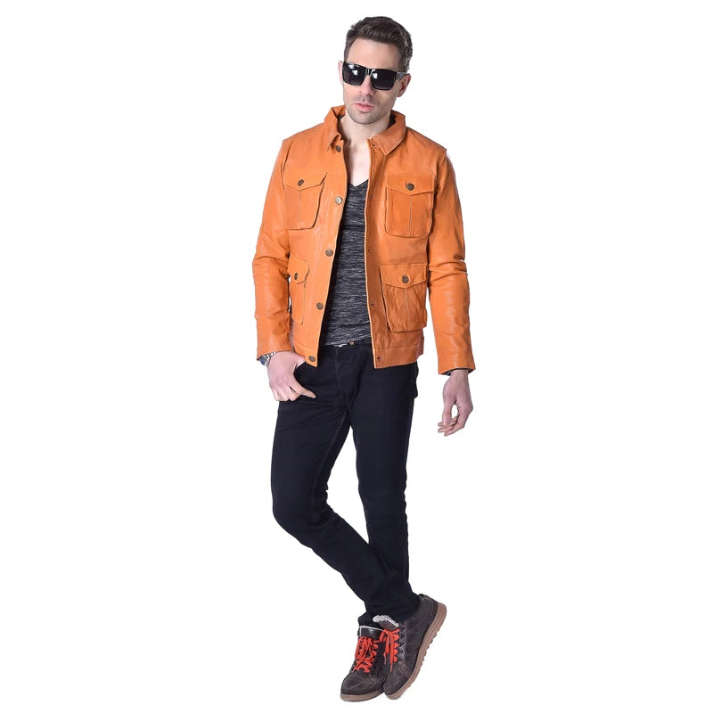 Fashion Genuine Leather Jacket Men Leather Coat Vegetable Tanned Matte Goatskin Pockets Yellow Male Leather Coat  Autumn M158