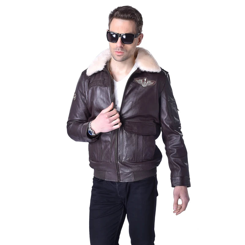 MAPLESTEED Genuine Leather Jacket Men Pilot Jacket Flight Aviator Coat 100% Cowhide Fur Collar Mens Leather Jacket Winter 177