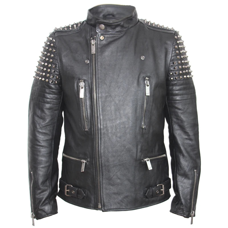 MAPLESTEED Rivet Jacket Rock Punk Leather Jacket Thick Cow Leather Motorcycle Clothing Leather Jacket Men Biker Coat Winter M139