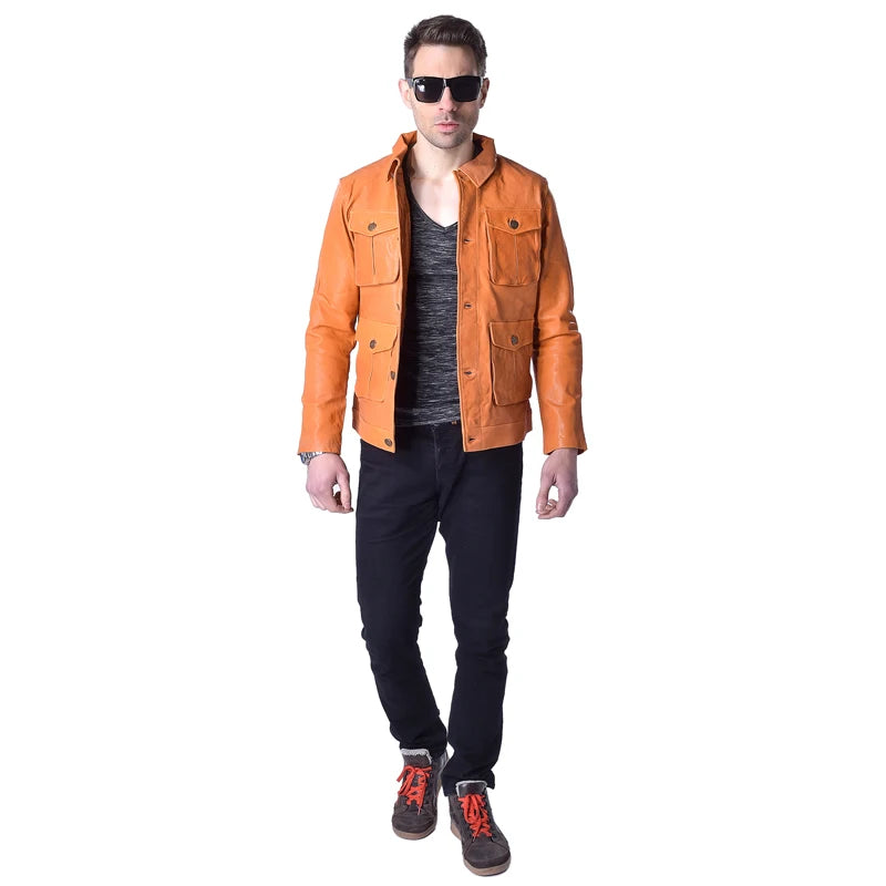 Fashion Genuine Leather Jacket Men Leather Coat Vegetable Tanned Matte Goatskin Pockets Yellow Male Leather Coat  Autumn M158