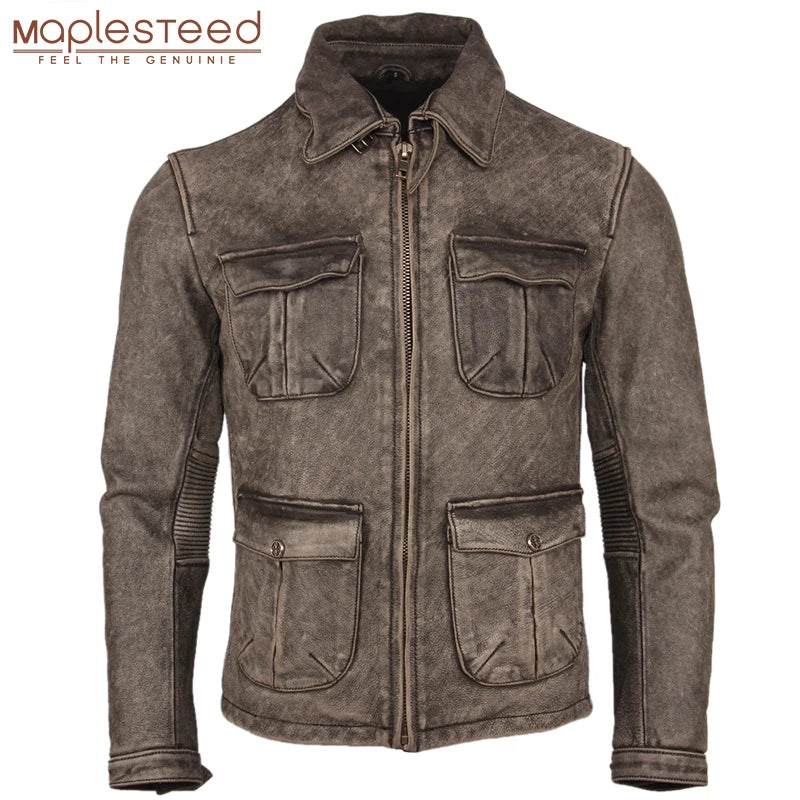 Vintage Distressed Motorcycle Leather Jacket Thick 100% Natural Cowhide Slim Moto Biker Leather Coat Men Winter Clothing M217