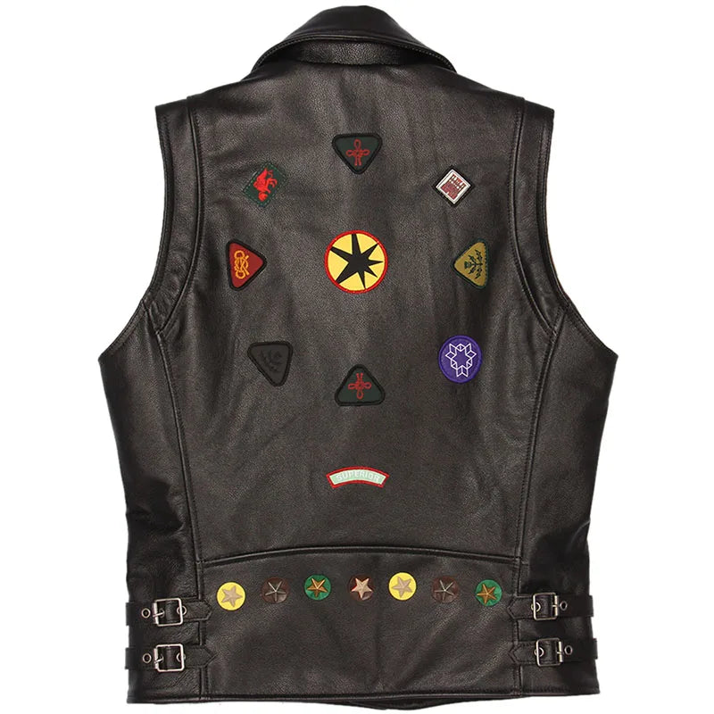 Motorcycle Leather Vest Patches 100% Real Cowhide Slim Fit Biker Leather Vest Men Motor Waistcoat Leather Jacket Sleeveless M449