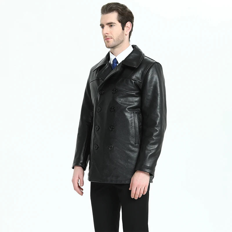 Long Men Leather Coat Quilted Thick 100% Natural Cow Skin Genuine Leather Jacket Man Winter Coat Long Warm M200