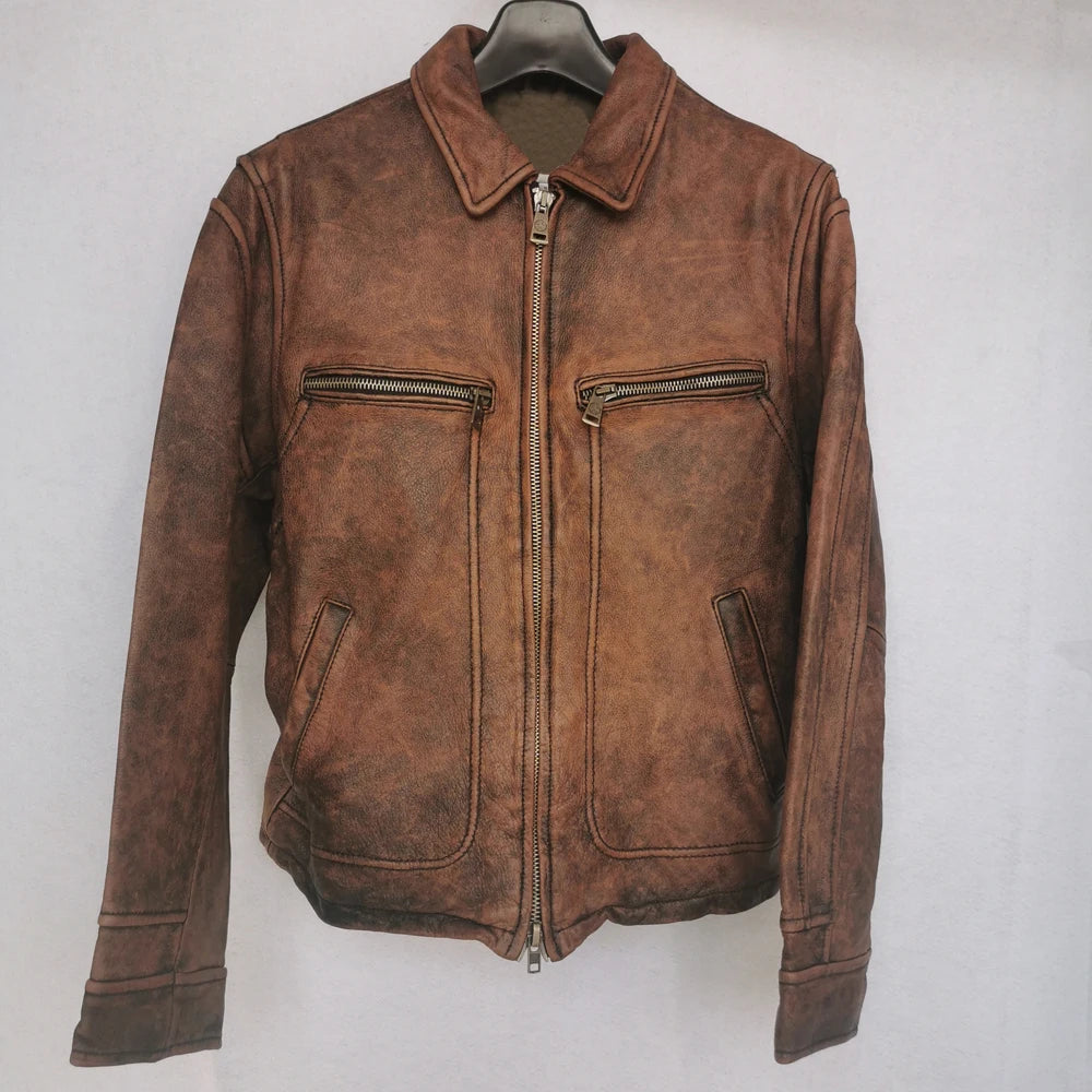 CLEARANCE Vintage Men Leather Jacket Thick 100% Natural Cowhide Leather Coat Man Skin Clothing Autumn Winter M507