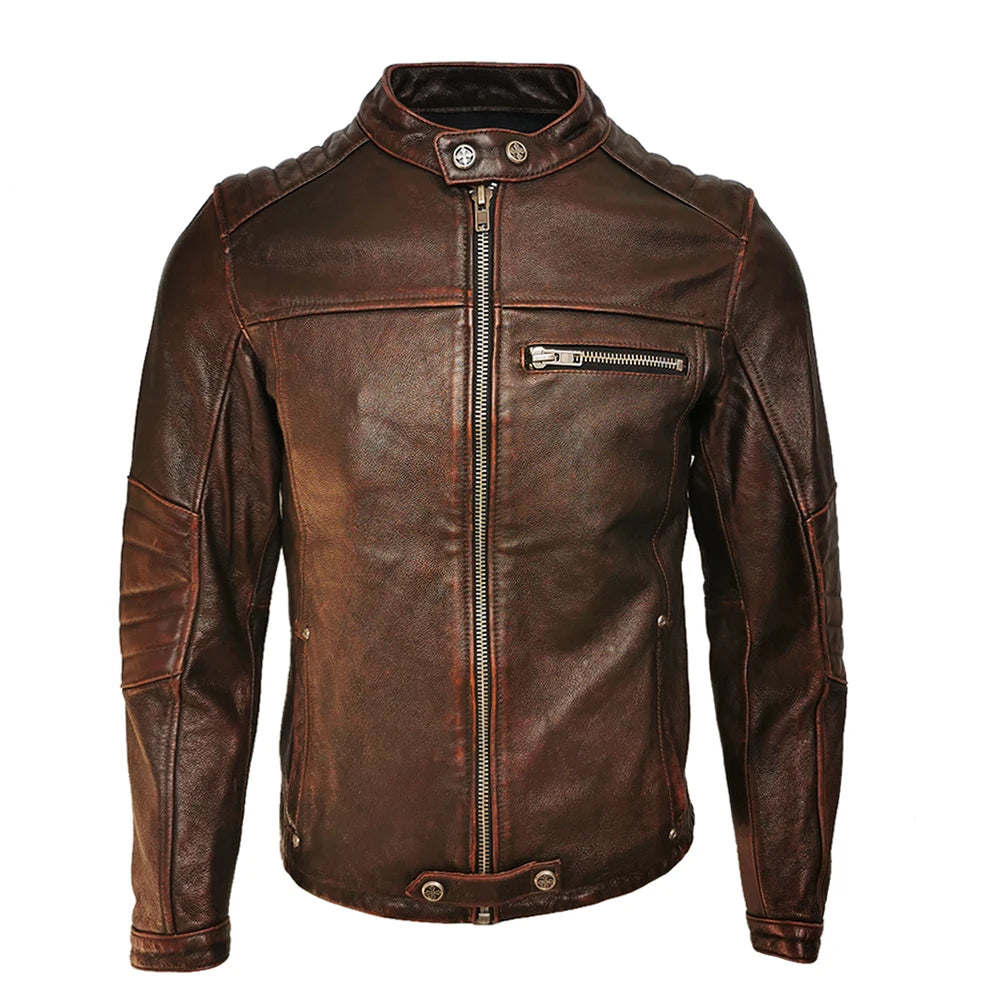 Vintage Red Brown Men Leather Jacket 100% Genuine Cowhide Biker Jackets Soft Slim Fit Men Motorcycle Coat Spring Autumn M597