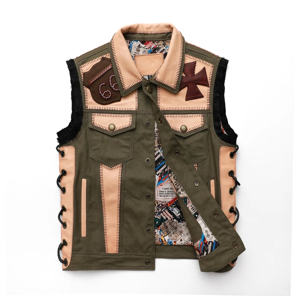 Customized Asian Size M-9XL Club Motorcycle Vest 100% Natural Cowhide Leather Spliced Canvas Biker Vest Club Vest Oversize M468