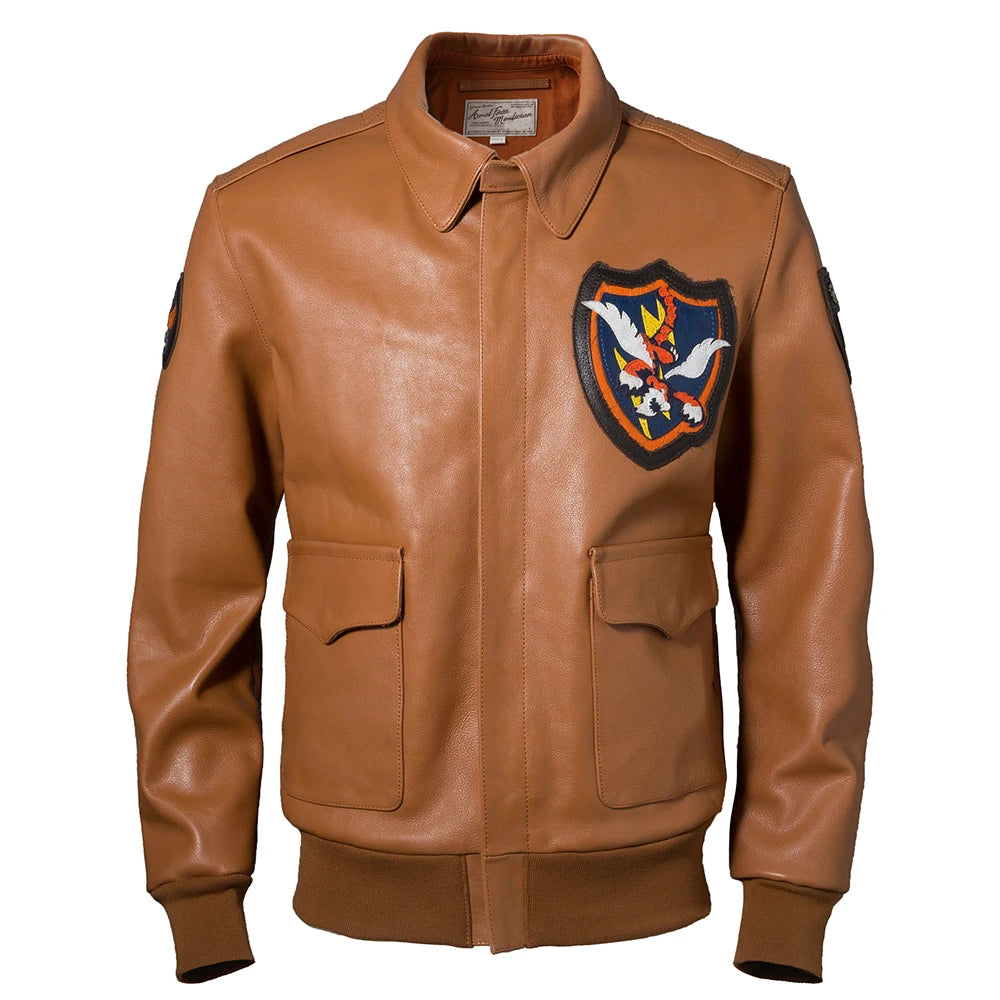 Fashion Men Leather Jacket 100% Genuine Cowhide Yellow Wine Red Color Flight Military Coat Biker Clothing Autumn Asian Size M592