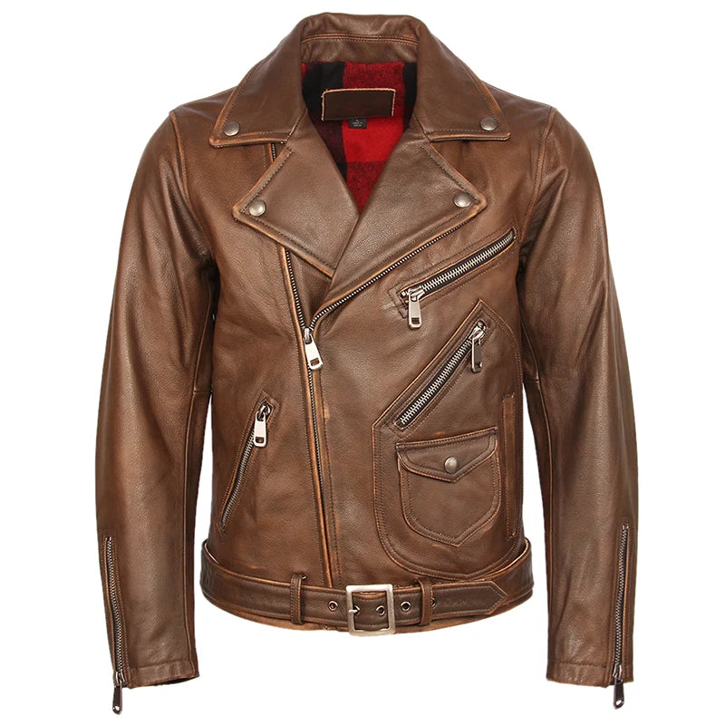 Vintage Motorcycle Jacket Men Leather Jacket Thick 100% Natural Cowhide Biker Jacket Moto Genuine Leather Coat Winter M457