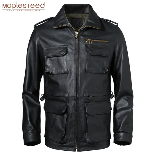 Thick Men Leather Jacket Long M65 Coats Military Clothing 100% Natural Cowhide Men's Leather Coat Winter Asian Size M-6XL M603