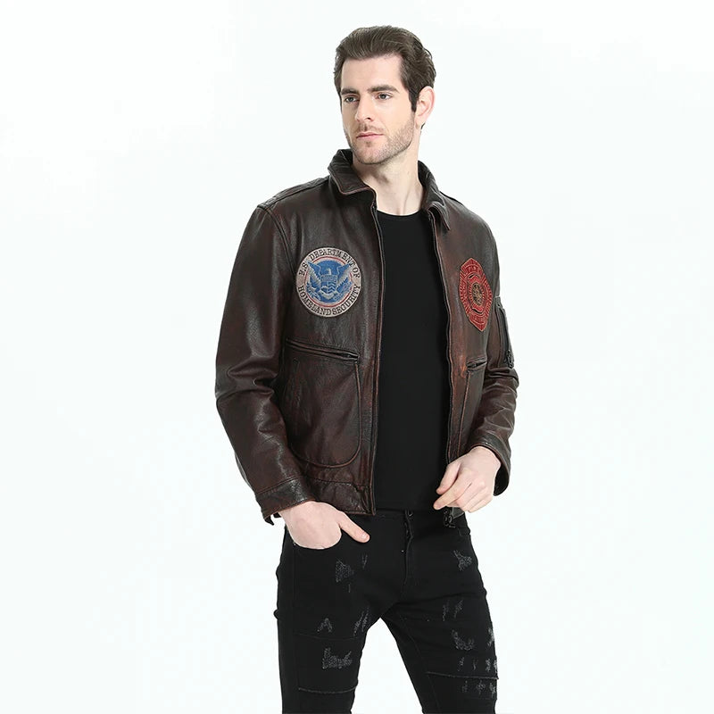 Vintage Distressed Men Leather Jacket Printed Thick 100% Natual Calfskin Force Flight Jackets Aviator Leather Coat Autumn M107