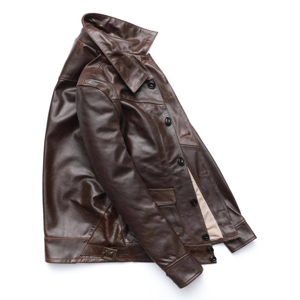 Men Leather Jacket Thick Turn Down Collar Dark Brown Solf Oil Wax Cowhide Skin Jacket Men Winter Coat Asian Size M-3XL M505