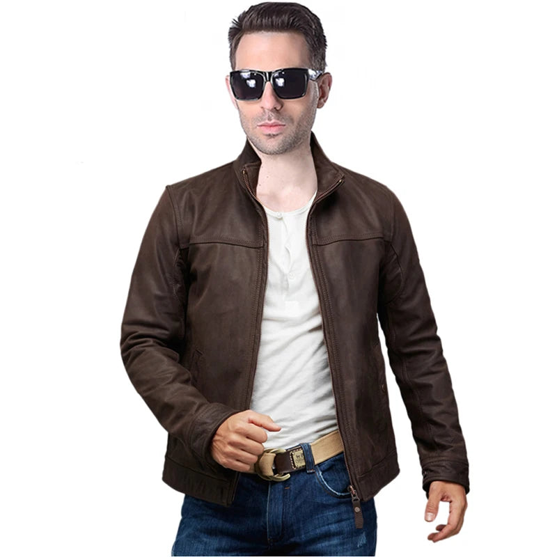 Men Genuine Leather Jacket 100% Natural Cowhide Dark Brown Bomber Man Leather Coat Men's Leather Clothing Autumn M161