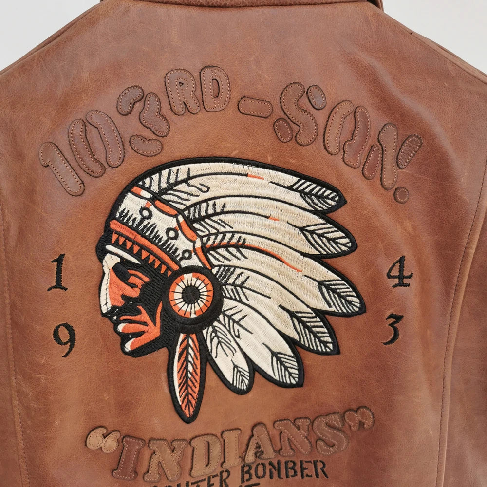 Indian Embroidery Bomber Flight Jackets Natural Genuine Leather Coat Men Cowhide Motorcycle Biker Jackets Fashion Clothing M600