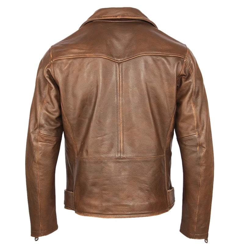 Vintage Motorcycle Jacket Men Leather Jacket Thick 100% Natural Cowhide Biker Jacket Moto Genuine Leather Coat Winter M457