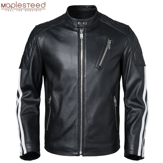 Genuine Leather Jacket Men 100% Cowhide Slim Fit White Stripes Men's Skin Coat Motorcycle Biker Clothing Autumn Asian Size M420