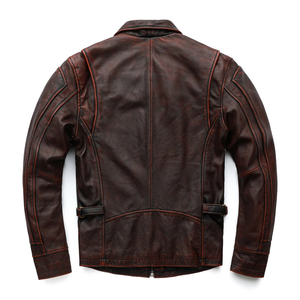 MAPLESTEED Brand Men Leather Jacket 100% Genuine Cowhide Vintage Red Brown Skin Jackets Men Winter Coat Sleeve 62-68cm 5XL M100