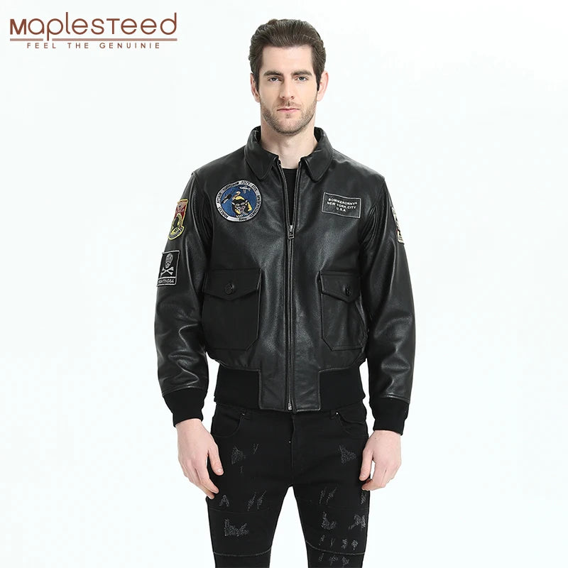 Men Genuine Leather Jacket 100% Real Calf Skin Flight Suit Aviator Leather Jackets Printed Men's Leather Coat Pilot Autumn M196