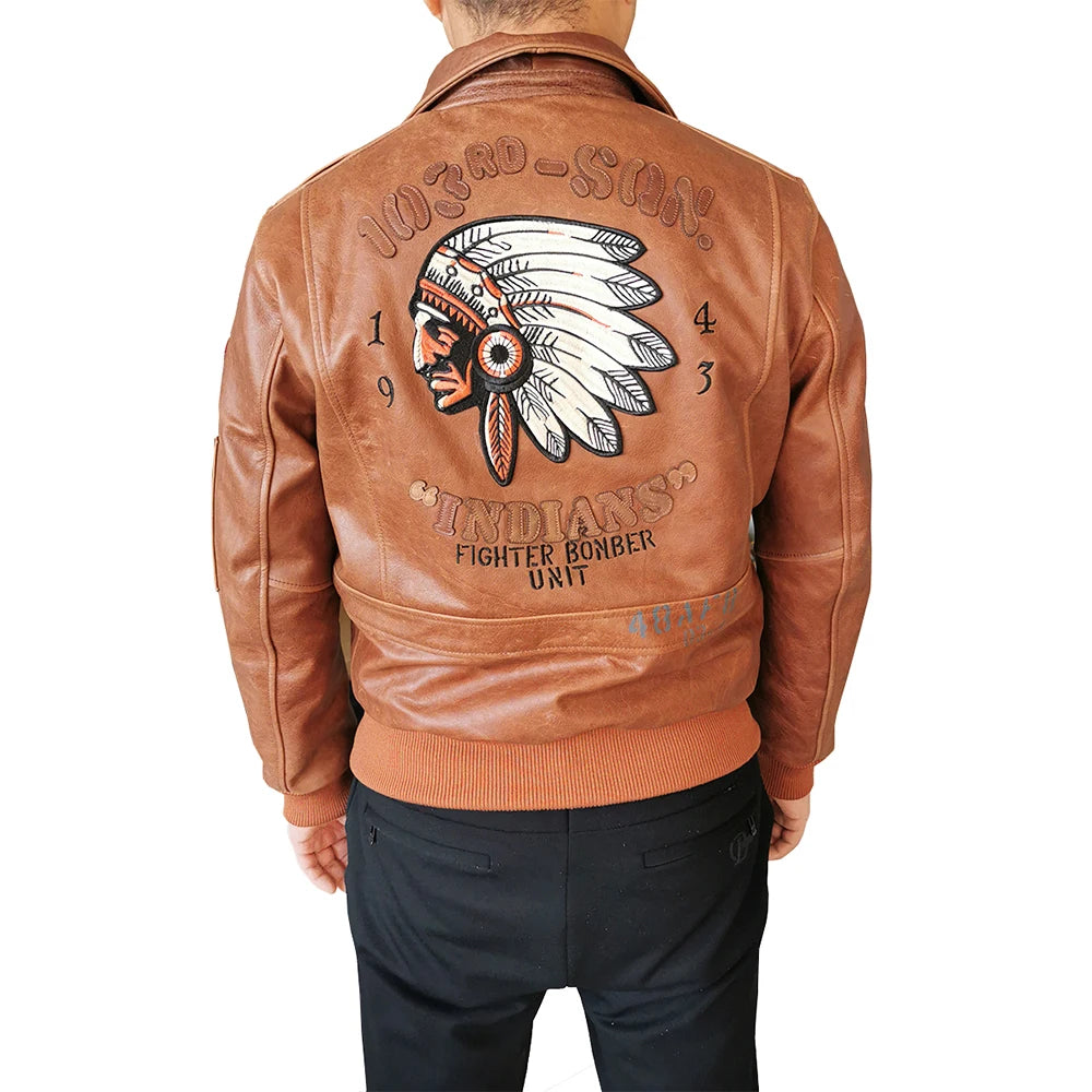 Indian Embroidery Bomber Flight Jackets Natural Genuine Leather Coat Men Cowhide Motorcycle Biker Jackets Fashion Clothing M600