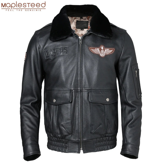 Men Leather Jacket Quilted 100% Cowhide & Natural Fur Collar Pilot Jackets Flight Coat Aviator Clothing Winter Asian Size M606