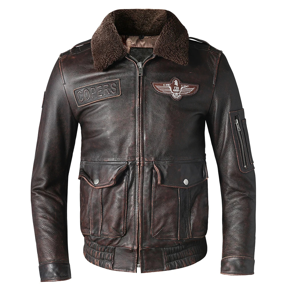 Men Leather Jacket Quilted 100% Cowhide & Natural Fur Collar Pilot Jackets Flight Coat Aviator Clothing Winter Asian Size M606