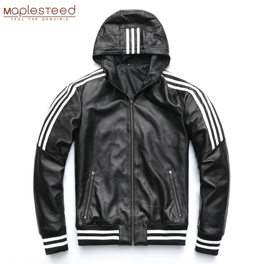 Men Leather Jacket Hood 100% Natural Sheepskin or Cowhide White Stripes Real Leather Jackets Boy Coat Hooded Spring Autumn M183