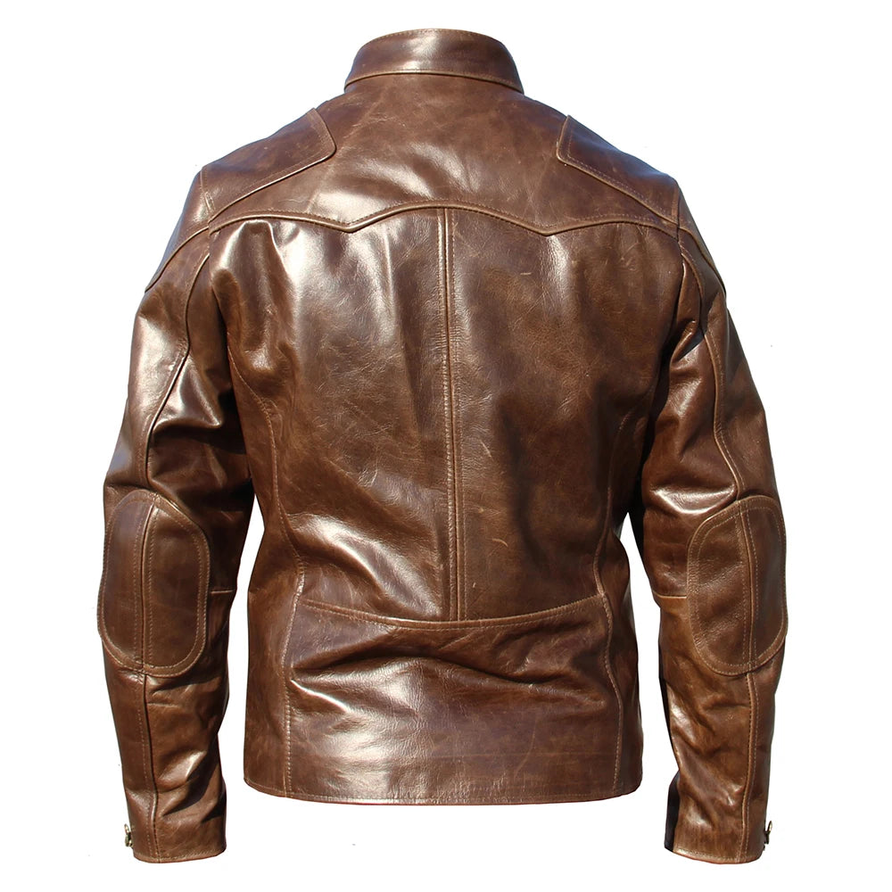 Fashion Natural Oil Waxed Top Layer Cowhide Men Leather Jacket Thick Brown Genuine Leather Coat Warm Clothes Spring Autumn M002