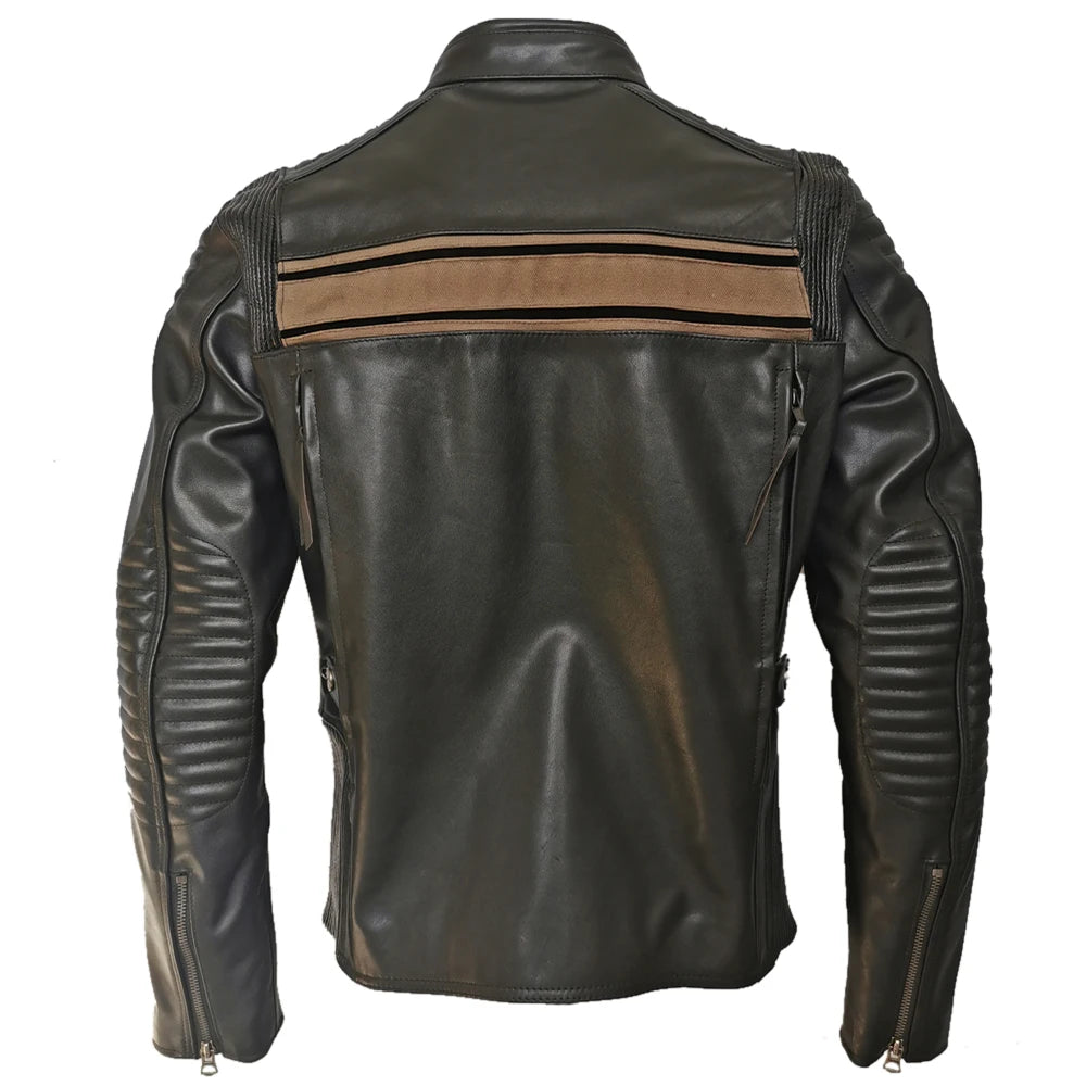 Motorcycle Biker Jacket Men Leather Jackets Thick 100% Cowhide Canvas Shoulder & Elbow Protectors Winter Coat ASIAN SIZE M596