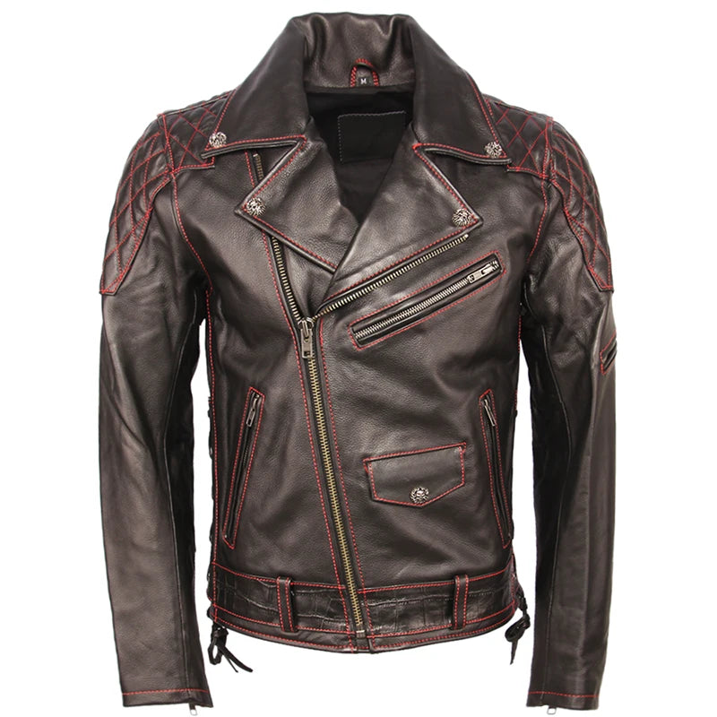 Fashion Motorcycle Leather Jacket Thick 100% Cowhide Slim Fit Men Genuine Leather Coat Motor Biker Jacket Winter Clothing  M355