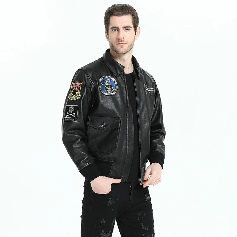 Men Genuine Leather Jacket 100% Real Calf Skin Flight Suit Aviator Leather Jackets Printed Men's Leather Coat Pilot Autumn M196