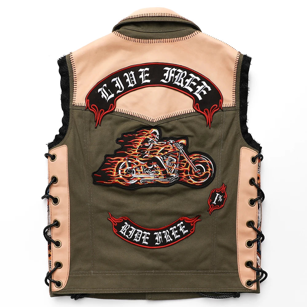 Customized Asian Size M-9XL Club Motorcycle Vest 100% Natural Cowhide Leather Spliced Canvas Biker Vest Club Vest Oversize M468