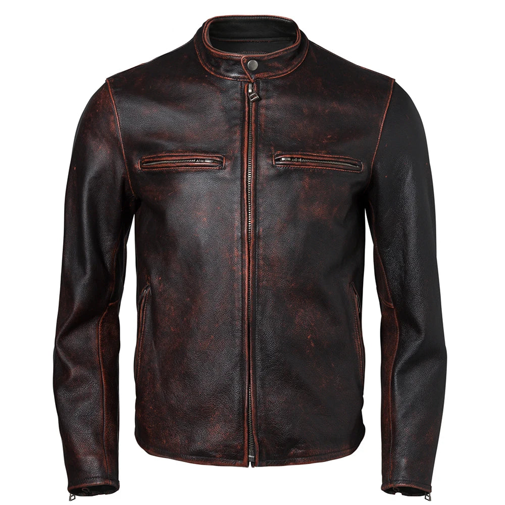 Vintage Men Genuine Leather Jacket Slim Fit 100% Natural Cowhide Men's Leather Coat Male Leather Clothing Autumn Asian Size M604