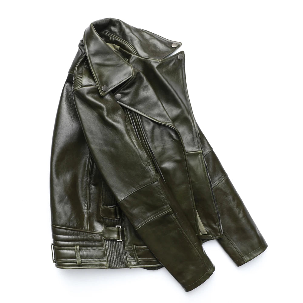 Unique Army Green Motorcycle Jacket Men Leather Jacket 100% Oil wax Cowhide Motor Biker Jacket Male Leather Coat Winter M455