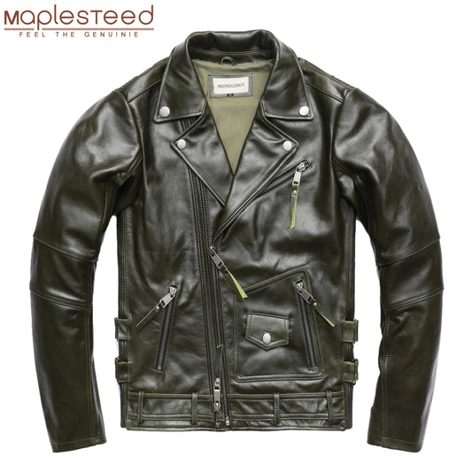 Unique Army Green Motorcycle Jacket Men Leather Jacket 100% Oil wax Cowhide Motor Biker Jacket Male Leather Coat Winter M455