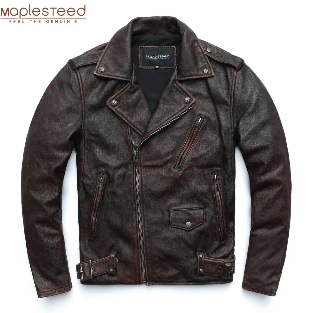 Vintage Motorcycle Jacket Men Genuine Leather Jackets 100% Cowhide Leather Coat Winter Biker Jacket Moto Clothing  M456