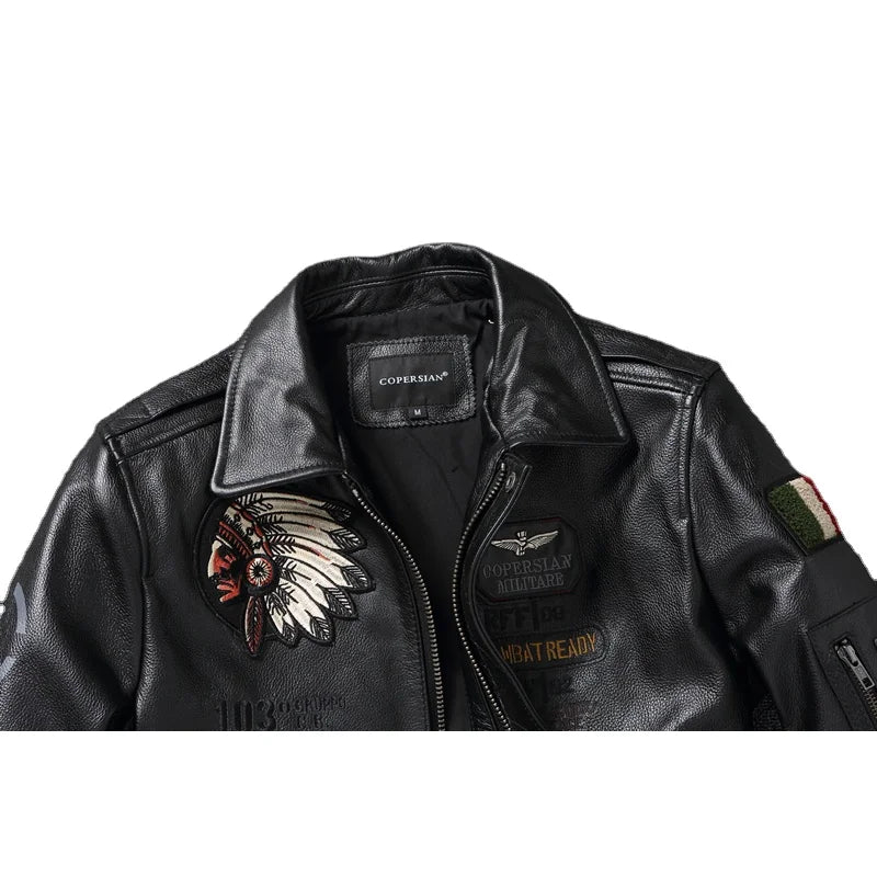 Embroidery Flight Coat Genuine Cowhide Leather Jackets for Men Leather Jacket Pilot Coats Autumn jaquetas masculina de couro