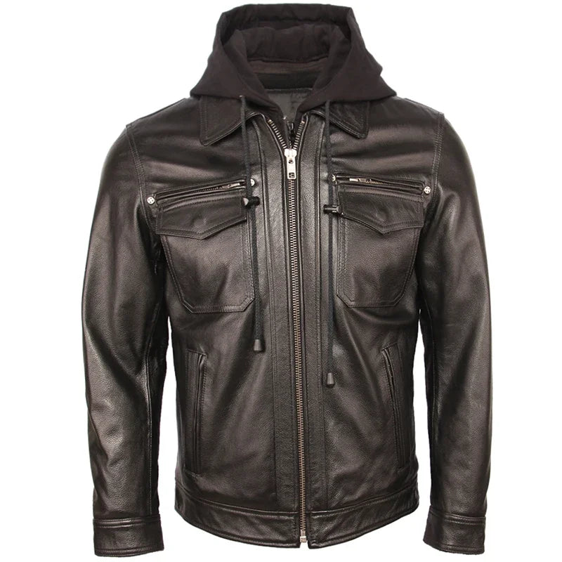 Men Jacket Quilted Hood Removable 100% Cowhide Coat Genuine Leather Jackets Man Winter  Warm Clothing M351