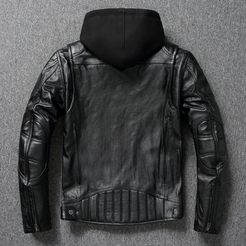 Heavy Motorcycle Jackets Club Biker Coat Real Cowhide Leather Jacket Men Removable Hooded Riding Clothing Men Leather Jacket