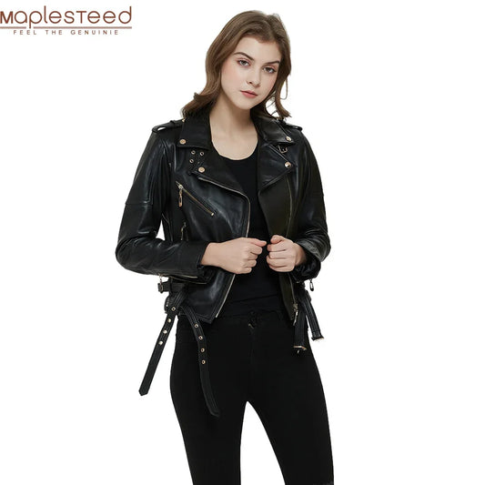 Maplesteed Women Leather Jacket 100% Soft Sheepskin Motorcycle Biker Jacket Female Skin Coat Double Belts Asian Size 4XL M599