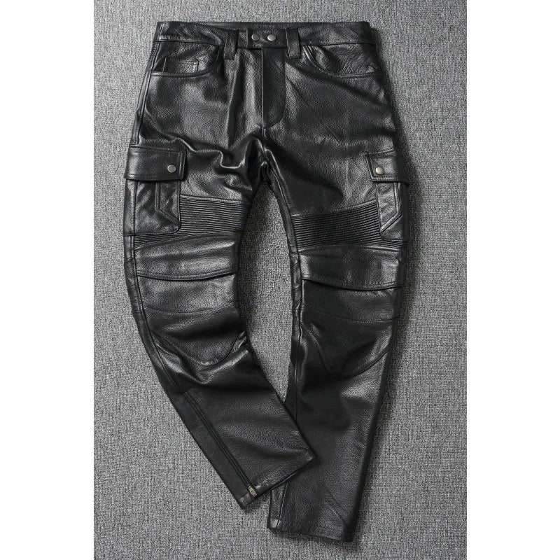 Motorcycle Pant Genuine Cowhide Leather Trousers Mens Riding Biker Leather Pants Calça Motociclista Men Leather Pants Winter