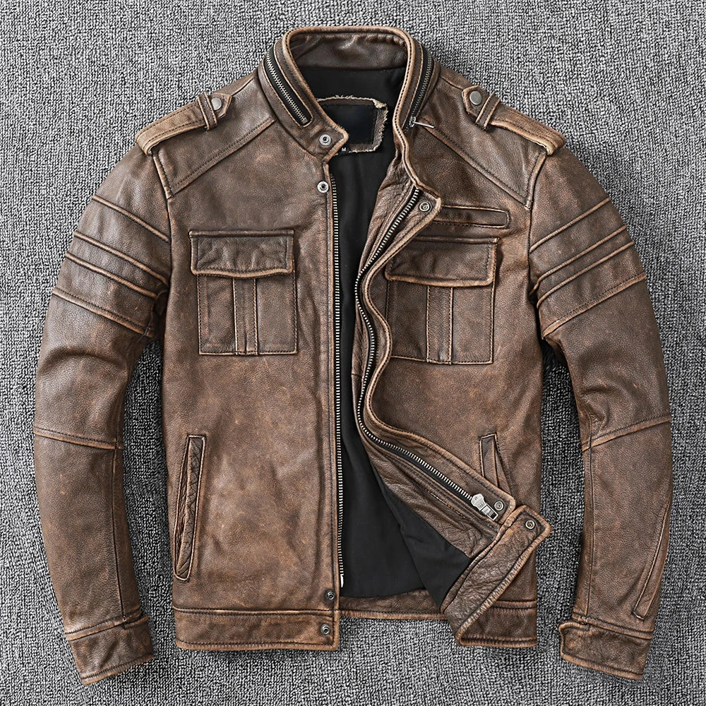 New Men Cowhide Coat Male Genuine Leather Jacket Vintage Style Man Motorcycle Biker Clothes Thick Calfskin Real Learher Coats