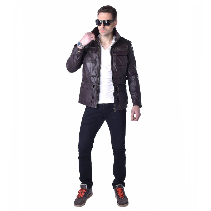 M65 Genuine Leather Jacket Men Long Real Cowhide Military Clothes Male Leather Coat Autumn M143