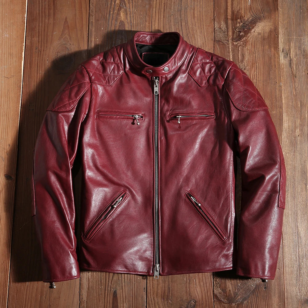 New Red  Motorcycle Biker Leather Jacket Genuine Leather Spring and Autumn Coat Slim Quality Sheepskin Soft Clothes