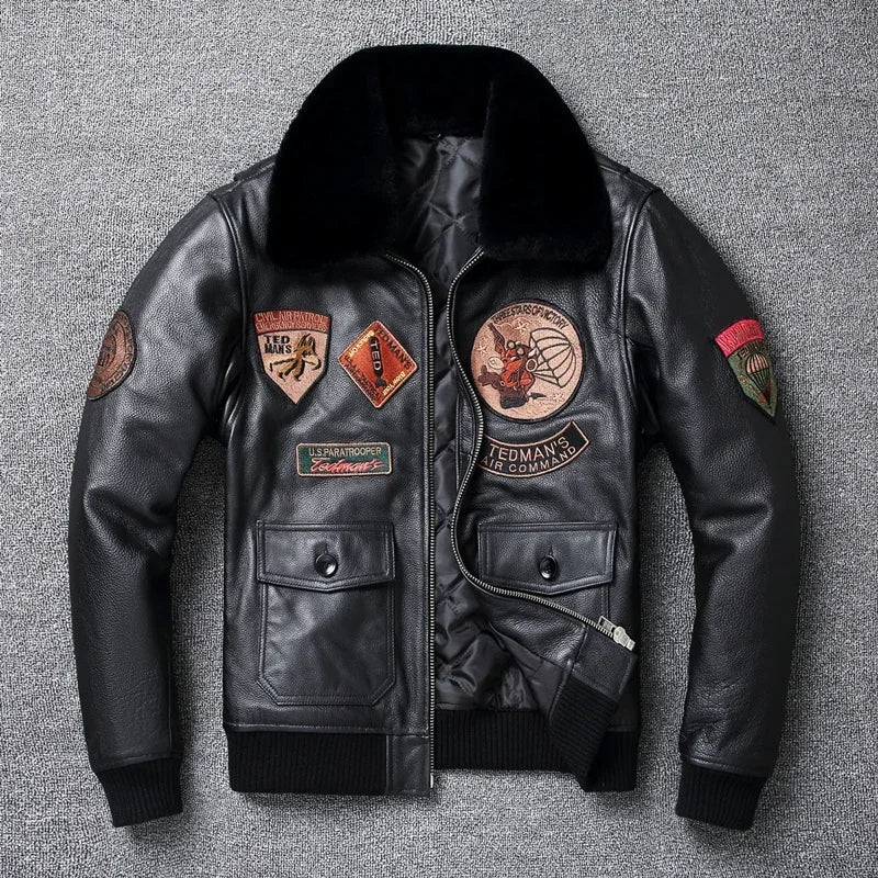 Genuine Cowhide JacketS Men Leather Jacket Thick Warm 8 Patches Flight Suit Removable Fur Collar Air Force Pilot Coat Winter