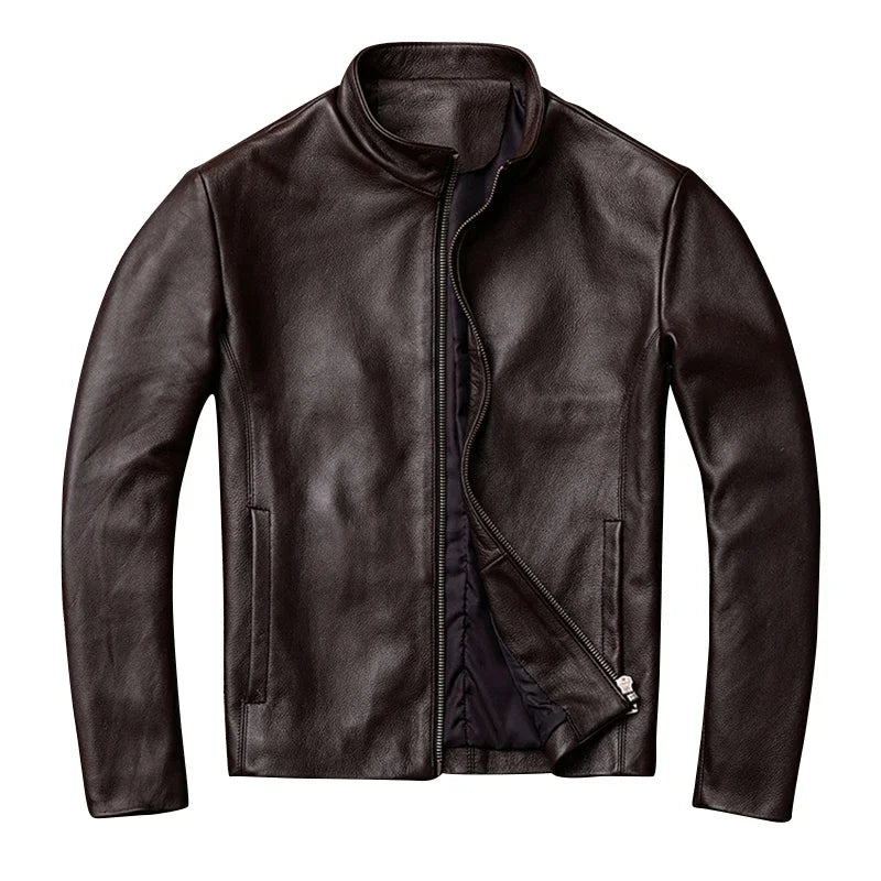 Casual Men Leather Jacket Thin Soft Cowhide Leather Black Brown Standard Collar Mens Coats Spring Jaquetas Masculina De Couro